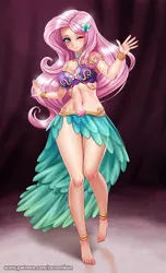 Size: 608x1000 | Tagged: suggestive, artist:racoonsan, derpibooru import, fluttershy, bat pony, human, equestria girls, anklet, barefoot, beautiful, belly button, belly dancer, belly dancer outfit, bracelet, breasts, busty fluttershy, cleavage, clothes, cutie mark accessory, cutie mark clothes, feet, female, flutterbat, harem outfit, humanized, jewelry, leaf skirt, legs, midriff, nail polish, one eye closed, race swap, see-through, see-through skirt, sexy, skirt, smiling, solo, solo female, stupid sexy fluttershy, wink