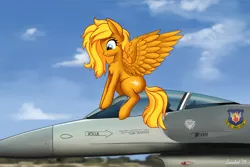 Size: 4645x3097 | Tagged: safe, artist:lunebat, derpibooru import, oc, oc:lightly breeze, pegasus, pony, canopy, f-16, pegasus oc, plane, sitting, solo, wings