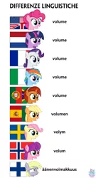 Size: 1911x3551 | Tagged: safe, artist:rainbow eevee, derpibooru import, applejack, derpy hooves, fluttershy, lily longsocks, pinkie pie, rainbow dash, rarity, stellar flare, twilight sparkle, unicorn, american flag, barely pony related, brazil, cute, derp, differenze linguistiche, dutch, english, female, filly, finland, finnish, flag, foreign language, france, french, italian, italy, meme, mexico, netherlands, norway, norwegian, obligatory pony, portugal, portuguese, scrunchy face, simple background, smiling, spain, spanish, sweden, swedish, united kingdom, united states, white background