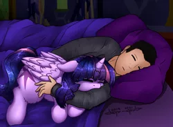 Size: 2124x1560 | Tagged: safe, artist:duop-qoub, derpibooru import, twilight sparkle, twilight sparkle (alicorn), oc, oc:anon, alicorn, human, pony, descended twilight, cuddling, cute, female, floppy ears, human male, human on pony snuggling, male, mare, pillow, sleeping, snuggling