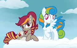 Size: 2941x1853 | Tagged: safe, artist:lightning stripe, derpibooru import, oc, oc:autumn shimmer, oc:chasing clouds, pegasus, pony, bedroom eyes, blue background, blue mane, brown coat, cloud, curly hair, curly mane, curly tail, cutie mark, dappled, eyelashes, female, lying down, lying on a cloud, mare, on a cloud, pigtails, ponytail, red eyes, red mane, show accurate, simple background, sky, standing on cloud, twintails, two toned wings, white coat, white pupils, wings