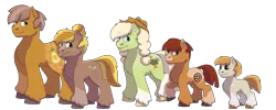 Size: 1280x512 | Tagged: safe, artist:itstechtock, derpibooru import, oc, oc:cameo quartz, oc:cloudy cortland, oc:golden anjou, oc:pippin apple, oc:sweet bee, unofficial characters only, earth pony, pony, colt, female, male, mare, offspring, parent:big macintosh, parent:marble pie, parents:marblemac, simple background, stallion, transparent background