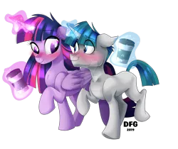 Size: 1600x1343 | Tagged: safe, artist:dragonfoxgirl, derpibooru import, stygian, twilight sparkle, twilight sparkle (alicorn), alicorn, pony, unicorn, blushing, coffee cup, commission, commissioner:imperfectxiii, cup, deviantart watermark, female, male, obtrusive watermark, shipping, simple background, story included, straight, transparent background, twigian, twiligian, watermark