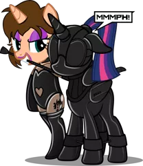 Size: 2605x3000 | Tagged: questionable, artist:applec1234, deleted from derpibooru, derpibooru import, twilight sparkle, twilight sparkle (alicorn), oc, oc:chloe adore, alicorn, pony, unicorn, bdsm, bedroom eyes, bipedal, blindfold, bodysuit, bondage, boots, clothes, collar, dominatrix, duo, duo female, encasement, eyeshadow, female, females only, femdom, femsub, floppy ears, gag, garters, gimp suit, gloves, grin, high res, hood, hoof gloves, horn, horn ring, latex, latex boots, latex gloves, latex leotard, latex suit, lipstick, magic suppression, makeup, mare, mask, mouth hold, muffled moaning, muzzle gag, ponytail, posture collar, riding crop, ring, rubber suit, see-through, sensory deprivation, shoes, simple background, smiling, speech bubble, spreader bar, submissive, tail wrap, transparent background, twisub, vector, wing sleeves