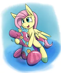 Size: 1674x2016 | Tagged: safe, artist:ponballoon, deleted from derpibooru, derpibooru import, fluttershy, pegasus, pony, seahorse, cute, female, floating, floaty, inflatable, inflatable toy, mare, open mouth, pool toy, riding, shyabetes, smiling, solo, straddling, summer, three quarter view, water