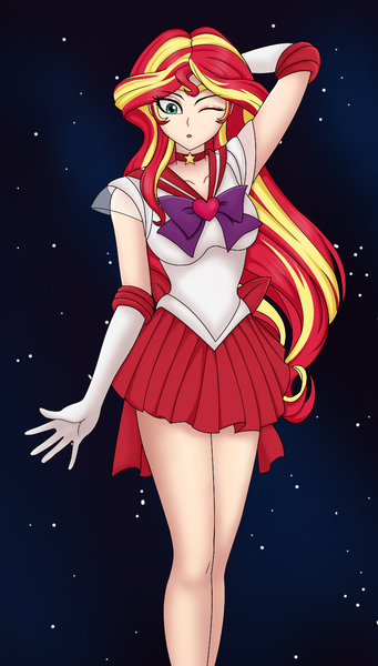 Size: 806x1417 | Tagged: anime, artist:anonix123, clothes, cosplay, costume, crossover, derpibooru import, dress, female, gloves, human, humanized, long gloves, looking at you, one eye closed, safe, sailor moon, solo, stars, sunset shimmer, wink