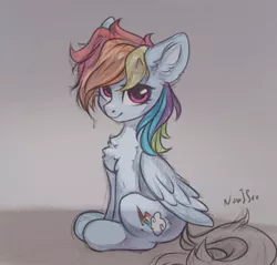 Size: 921x879 | Tagged: safe, artist:inowiseei, derpibooru import, rainbow dash, pegasus, pony, chest fluff, ear fluff, female, fluffy, looking at you, mare, sitting, sketch, smiling, solo