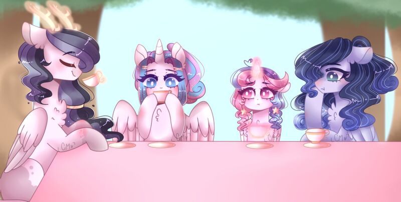 Size: 1280x647 | Tagged: safe, artist:moon-rose-rosie, derpibooru import, princess flurry heart, oc, oc:celestial moon, oc:eclipsa, oc:flawless harmony, alicorn, hybrid, pegasus, pony, cup, glowing horn, horn, interspecies offspring, magic, magical lesbian spawn, offspring, older, parent:discord, parent:king sombra, parent:princess celestia, parent:princess luna, parent:rainbow dash, parent:twilight sparkle, parents:dislestia, parents:lumbra, parents:twidash, teacup, telekinesis