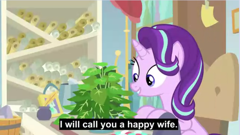 Size: 766x433 | Tagged: safe, derpibooru import, edit, edited screencap, screencap, phyllis, starlight glimmer, pony, unicorn, a horse shoe-in, caption, cargo ship, female, implied shipping, mare, meme, plant, potted plant, shipping, solo, starlight's office, subtitles, youtube caption