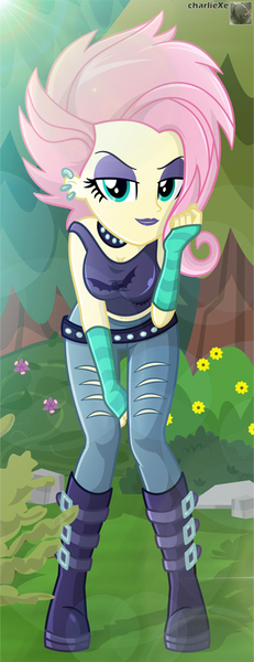 Size: 383x993 | Tagged: safe, artist:charliexe, derpibooru import, fluttershy, equestria girls, equestria girls series, the road less scheduled, the road less scheduled: fluttershy, spoiler:choose your own ending (season 2), spoiler:eqg series (season 2), beckoning, bedroom eyes, boots, choker, choose fluttershy, clothes, ear piercing, earring, eyeliner, eyeshadow, female, flutterpunk, goth, jewelry, lipstick, looking at you, makeup, metalshy, midriff, pants, piercing, purple lipstick, shoes, solo, tanktop, that was fast