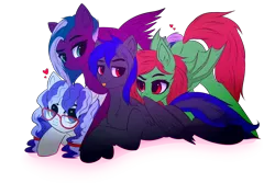 Size: 2480x1654 | Tagged: safe, artist:homecome, derpibooru import, oc, oc:cinnabyte, oc:elysium, oc:watermelon frenzy, unofficial characters only, bat pony, earth pony, pegasus, pony, bedroom eyes, lying down, nuzzling, tongue out