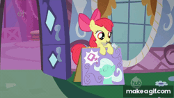 Size: 480x270 | Tagged: safe, derpibooru import, edit, edited screencap, screencap, apple bloom, scootaloo, sweetie belle, vera, pony, the show stoppers, animated, bell, carousel boutique, clown hair, crying, cutie mark crusaders, makeagif.com, spa, spa pony