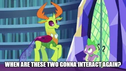 Size: 720x406 | Tagged: safe, derpibooru import, edit, edited screencap, screencap, spike, thorax, changedling, changeling, dragon, pony, triple threat, best friends, caption, happy, king thorax, library, meme, question, text, text edit, trotting, trotting in place, twilight's castle, twilight's castle library