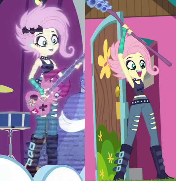 Size: 568x584 | Tagged: safe, derpibooru import, screencap, fluttershy, equestria girls, equestria girls series, rollercoaster of friendship, the road less scheduled, the road less scheduled: fluttershy, spoiler:choose your own ending (season 2), spoiler:eqg series (season 2), clothes, comparison, flutterpunk, goth, hologram, metalshy, midriff, sleeveless, tanktop, vampishy