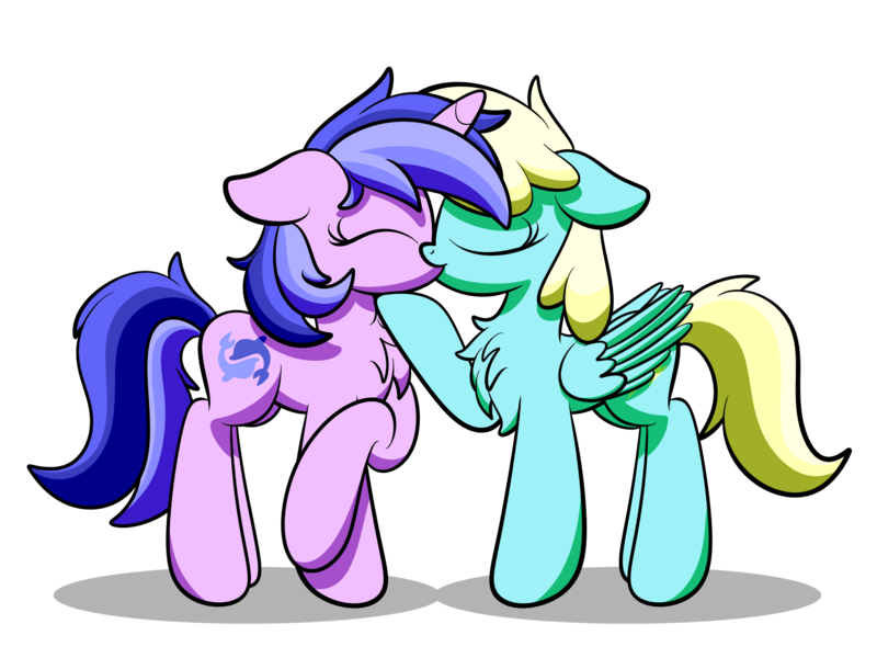 Size: 2048x1536 | Tagged: safe, artist:kimjoman, derpibooru import, sassaflash, sea swirl, seafoam, pegasus, pony, unicorn, background pony, chest fluff, commission, eyes closed, female, kissing, lesbian, sassaswirl, shipping, simple background, transparent background