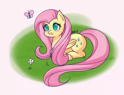 Size: 1700x1300 | Tagged: safe, artist:melliedraws, derpibooru import, fluttershy, butterfly, pegasus, pony, blushing, cute, female, flower, mare, ponyloaf, prone, shyabetes, solo