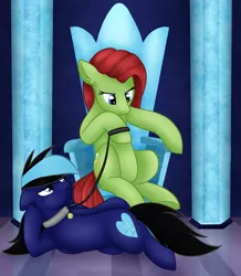 Size: 1024x1175 | Tagged: safe, artist:sevenserenity, derpibooru import, oc, oc:cobalt strike, oc:sodapop, unofficial characters only, earth pony, pegasus, pony, birb, castle, collar, commission, crystal, draw me like one of your french girls, leash, master, pet, pet play, pet tag, pillar, side, sitting, slave, throne, ych result
