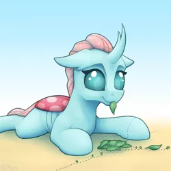 Size: 2000x2000 | Tagged: ants, artist:ohemo, atg 2019, changedling, changeling, cute, derpibooru import, diaocelles, female, floppy ears, leaf, lying down, mouth hold, newbie artist training grounds, ocellus, safe, simple background, smiling, solo
