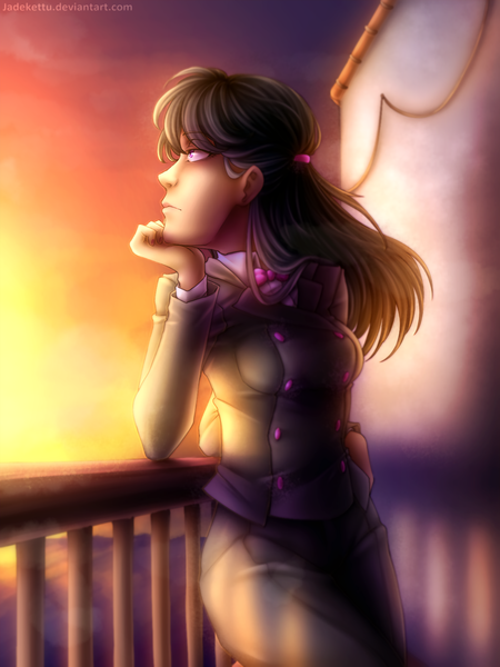 Size: 1200x1600 | Tagged: artist:jadekettu, balcony, bowtie, clothes, derpibooru import, female, human, humanized, octavia melody, outdoors, safe, solo, sunset