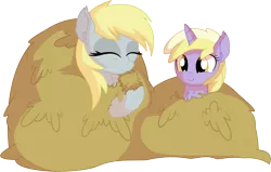 Size: 9215x5877 | Tagged: safe, artist:cyanlightning, derpibooru import, derpy hooves, dinky hooves, pegasus, pony, unicorn, .svg available, absurd resolution, cute, derpabetes, dinkabetes, eating, equestria's best daughter, equestria's best mother, eyes closed, female, filly, hay, hay bale, herbivore, horses doing horse things, mare, mother and child, mother and daughter, silly, silly pony, simple background, solo, transparent background, vector