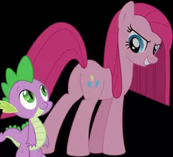 Size: 900x812 | Tagged: safe, artist:ultrapfunk, derpibooru import, pinkie pie, spike, earth pony, pony, balloonbutt, black background, butt, female, flank, looking at each other, male, mare, pinkamena diane pie, pinkamenaspike, pinkiespike, plot, sexy, shipping, simple background, straight, stupid sexy pinkie