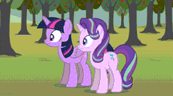 Size: 728x408 | Tagged: safe, artist:agrol, derpibooru import, applejack, starlight glimmer, twilight sparkle, twilight sparkle (alicorn), alicorn, earth pony, pony, alternate cutie mark, alternate tailstyle, alternate universe, animated, apple, apple orchard, apple tree, applejack (male), change your reality, creepy, creepy smile, female, gif, implications, male, mare, nervous, orchard, out of context, rule 63, smiling, stallion, surrounded, this will end in rape, this will end in snu snu, tree