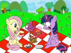 Size: 2224x1668 | Tagged: safe, artist:pixelgrip94, deleted from derpibooru, derpibooru import, fluttershy, twilight sparkle, twilight sparkle (alicorn), alicorn, insect, ladybug, pegasus, pony, atg 2019, basket, burger, coccinellidaephobia, digital art, food, hay burger, levitation, magic, newbie artist training grounds, picnic, picnic basket, picnic blanket, sandwich, scared, teapot, telekinesis, tree, twilight burgkle