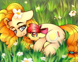 Size: 3000x2388 | Tagged: safe, alternate version, artist:cornelia_nelson, derpibooru import, apple bloom, pear butter, bee, earth pony, insect, pony, adorabloom, bow, cute, duo, female, filly, floppy ears, flower, flower in hair, grass, hair bow, looking at each other, mare, mother and child, mother and daughter, pearabetes, weapons-grade cute