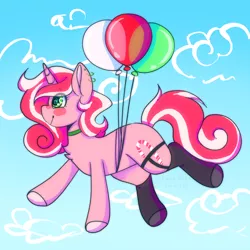 Size: 3600x3600 | Tagged: safe, artist:tuzz-arts, derpibooru import, oc, oc:peppy revvy, pony, unicorn, balloon, female, flying, mare, solo