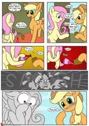 Size: 955x1350 | Tagged: safe, artist:teabucket, deleted from derpibooru, derpibooru import, applejack, fluttershy, earth pony, pegasus, pony, comic:poison apple, apple, apple tree, appleshy, basket, blushing, clumsy, comic, female, food, lesbian, mare, mouth hold, nervous, patreon, patreon logo, picnic basket, potion, shipping, shrunken pupils, smiling, sweat, sweet apple acres, tree