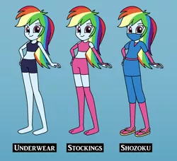 Size: 1120x1022 | Tagged: safe, artist:author92, derpibooru import, rainbow dash, equestria girls, alternate costumes, barefoot, blue underwear, boyshorts, bra, brightly colored ninjas, clothes, crop top bra, feet, kunoichi, mask, midriff, ninja, panties, sandals, shorts, socks, sports bra, sports shorts, stockings, thigh highs, underwear