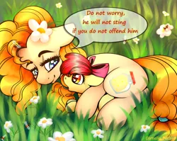 Size: 754x600 | Tagged: safe, alternate version, artist:cornelia_nelson, derpibooru import, apple bloom, pear butter, bee, earth pony, insect, pony, adorabloom, bow, cute, dialogue, female, filly, floppy ears, flower, flower in hair, grass, hair bow, lies, looking at each other, mare, mother and child, mother and daughter, pearabetes, speech bubble, talking, weapons-grade cute