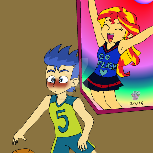 Size: 1024x1027 | Tagged: safe, artist:resotii, derpibooru import, flash sentry, sunset shimmer, equestria girls, armpits, blushing, cheerleader, female, flashimmer, male, shipping, straight