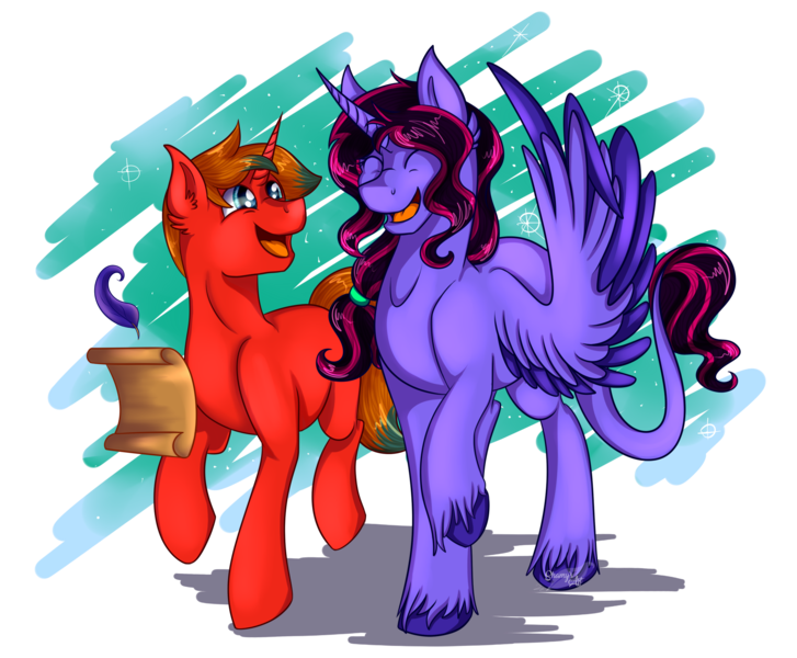 Size: 2237x1846 | Tagged: safe, artist:shamy-crist, derpibooru import, oc, oc:shamy, unofficial characters only, alicorn, pony, unicorn, female, magic, male, mare, scroll, stallion