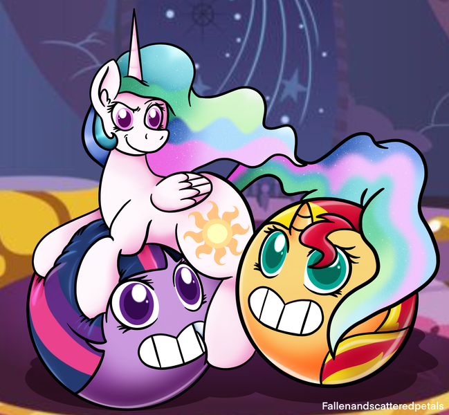 Size: 2681x2480 | Tagged: safe, artist:fallenandscattered, derpibooru import, princess celestia, sunset shimmer, twilight sparkle, alicorn, pony, unicorn, ball, female, forced smile, grin, inanimate tf, mare, morph ball, shimmerball, smiling, transformation, twiball