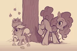 Size: 1636x1080 | Tagged: safe, artist:imalou, derpibooru import, applejack, pear butter, earth pony, pony, apple, applebucking, balancing, cute, duo, female, filly, filly applejack, food, freckles, jackabetes, mare, monochrome, mother and child, mother and daughter, pearabetes, tree, younger