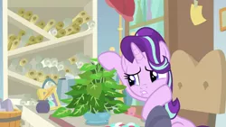 Size: 1920x1080 | Tagged: safe, derpibooru import, screencap, phyllis, starlight glimmer, pony, unicorn, a horse shoe-in, affection, female, hoof on cheek, inkwell, mare, motherly, petting, philodendron, plant, potted plant, puckered lips, quill, raised hoof, scroll, solo, starlight glimmer is best facemaker, starlight's office, talking to objects