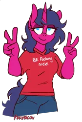 Size: 2396x3575 | Tagged: safe, artist:redxbacon, artist:threetwotwo32232, derpibooru import, oc, oc:fizzy pop, anthro, unicorn, clothes, colored, female, lidded eyes, mare, no pupils, peace sign, shirt, simple background, smiling, t-shirt, transparent background, vulgar