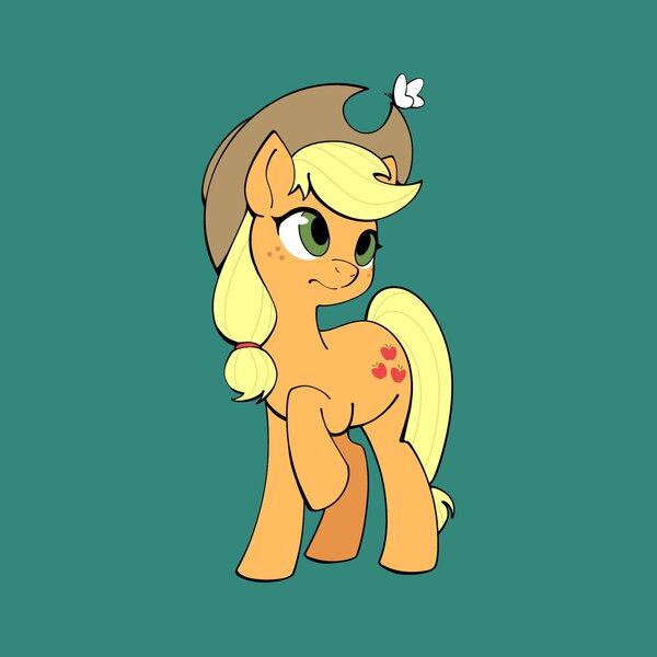 Size: 2048x2048 | Tagged: safe, artist:agaberu, derpibooru import, applejack, butterfly, earth pony, pony, cowboy hat, cute, female, green background, hat, jackabetes, mare, simple background, solo