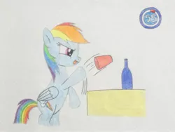 Size: 3264x2448 | Tagged: safe, artist:don2602, derpibooru import, rainbow dash, pegasus, pony, bottle, minute to win it, plastic cup, raised hoof, rearing, serious, serious face, solo, timer, tongue out, traditional art