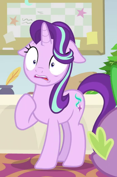 1679419 - safe, derpibooru import, screencap, phyllis, spike, starlight  glimmer, dragon, pony, unicorn, a horse shoe-in, cropped, cutie mark,  female, floppy ears, hooves, mare, offscreen character, shocked, starlight  glimmer is best facemaker,