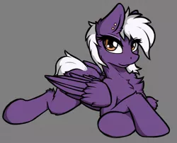 Size: 1232x994 | Tagged: safe, artist:arjinmoon, derpibooru import, oc, oc:nighty cloud, unofficial characters only, pegasus, pony, chest fluff, ear piercing, female, gray background, looking at you, lying down, piercing, simple background, solo, wings