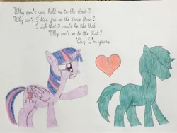 Size: 3264x2448 | Tagged: safe, artist:don2602, derpibooru import, twilight sparkle, twilight sparkle (alicorn), oc, oc:anon, alicorn, earth pony, pony, crying, duo, heartbreak, little mix, raised hoof, secret love song, song reference, traditional art