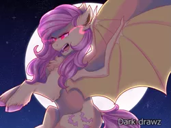 Size: 861x644 | Tagged: safe, artist:dreamcatcher-doodles, derpibooru import, fluttershy, bat pony, pony, bat ponified, cloven hooves, female, flutterbat, full moon, mare, moon, race swap, rearing, solo, sombra eyes, stars, unshorn fetlocks