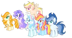 Size: 3056x1632 | Tagged: safe, artist:thesmall-artist, derpibooru import, oc, oc:blue, oc:butterfly, oc:hope, oc:orange sun, oc:sunrise sky, oc:water star, unofficial characters only, alicorn, earth pony, pegasus, pony, base used, female, male, mare, simple background, stallion, transparent background