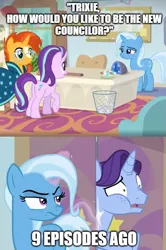 Size: 493x741 | Tagged: safe, derpibooru import, edit, edited screencap, screencap, november rain, phyllis, starlight glimmer, sunburst, trixie, pony, unicorn, a horse shoe-in, student counsel, caption, comparison, friendship student, image macro, meme, op has a point, school of friendship, text, text edit, truth