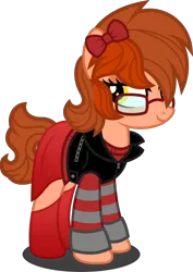 Size: 1280x1808 | Tagged: safe, artist:fletcherthehuntress, derpibooru import, oc, oc:ashley, unofficial characters only, earth pony, pony, bedroom eyes, bow, clothes, eyeshadow, female, glasses, hair bow, jacket, leather jacket, makeup, mare, simple background, skirt, socks, solo, transparent background