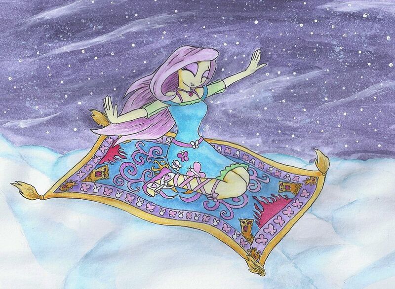 Size: 1024x750 | Tagged: safe, artist:astevenamedwolf, derpibooru import, fluttershy, equestria girls, equestria girls series, female, flying carpet, solo, traditional art