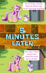 Size: 1900x3000 | Tagged: safe, anonymous artist, derpibooru import, princess cadance, princess flurry heart, pony, cephalopod lodge, comic, diaper, disgusted, female, green face, mother and child, mother and daughter, outhouse, port-a-potty, potty time, smelly, spongebob squarepants, spongebob time card, toilet