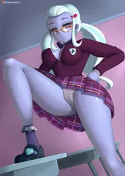 Size: 818x1158 | Tagged: suggestive, artist:zelc-face, color edit, derpibooru import, edit, sugarcoat, equestria girls, friendship games, absolute cleavage, breasts, busty sugarcoat, classroom, cleavage, clothes, colored, crystal prep academy uniform, female, glasses, legs, looking at you, looking down, looking down at you, miniskirt, panties, pigtails, pleated skirt, school uniform, shoes, skirt, skirt lift, socks, solo, solo female, stupid sexy sugarcoat, thighs, twintails, underwear, upskirt